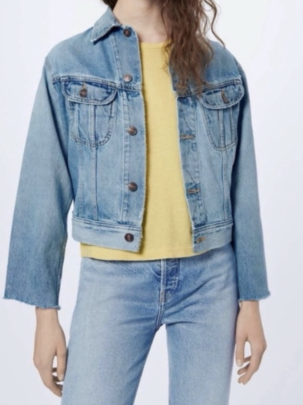 RE/DONE Raw Sleeve Hem Trucker Denim Jacket Light Worn Blue Size Large